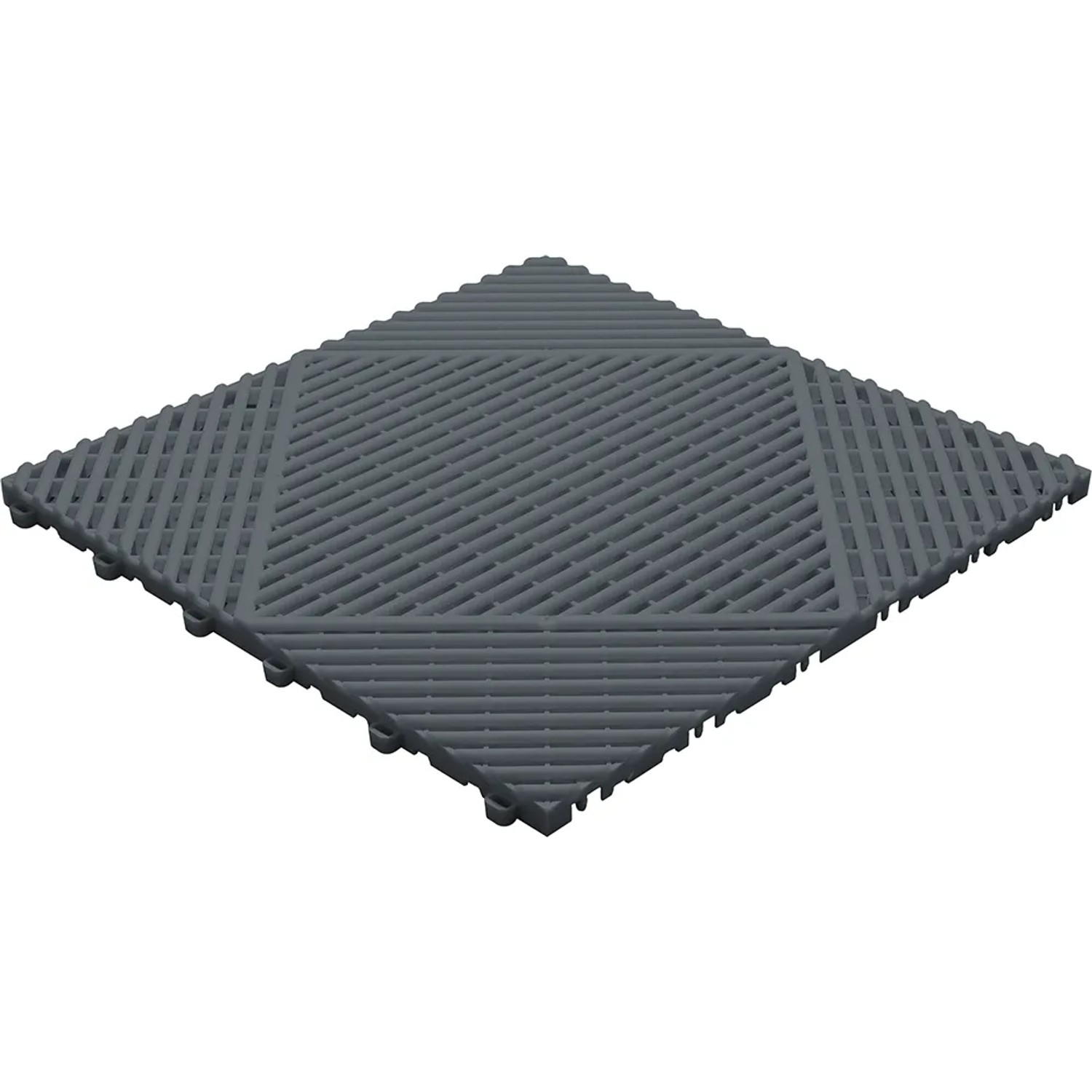 Dunkelgraue Florco Kunststoff-Klickfliese classic, 40x40 cm, mit offenem Gittermuster.