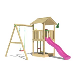 Jungle Gym Spielturm Beacon mit Schaukel und Rutsche in Fuchsia. Holz-Spielturm für Kinder.