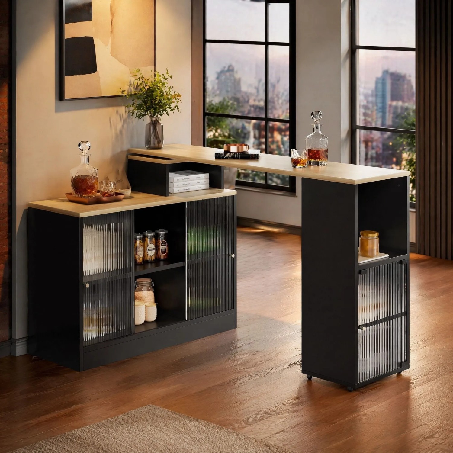 okwish Bartisch mit Drehbar Stauraum Beweglich Küche 135x39x105cm Schwarz_2