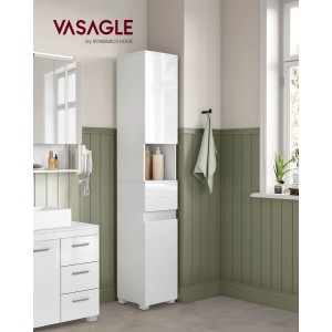 Weißer Vasagle Badezimmerschrank (30x30x170 cm) mit Schublade im modernen Bad.