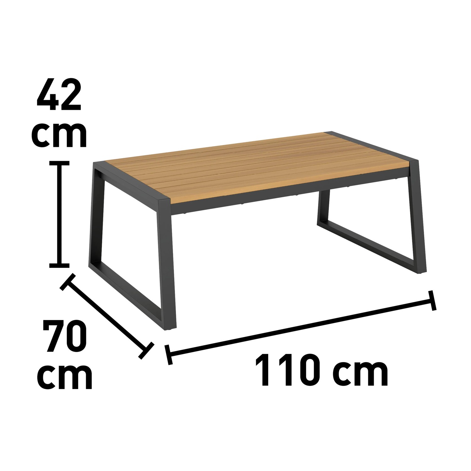 Beistelltisch der Loungegruppe Folkston: Aluminiumgestell, Akazienholz-Tischplatte, Maße 110x70x42 cm.
