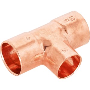 Löt-Reduzier-T-Stück aus Kupfer, 18 mm x 15 mm x 18 mm, für Kupferrohr-Installationen.