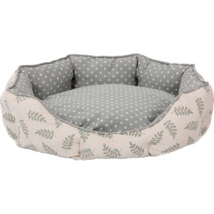 Helles Hunde- und Katzenbett mit Lavendelduft, Blätter- und Punktmuster, herausnehmbarem Kissen.
