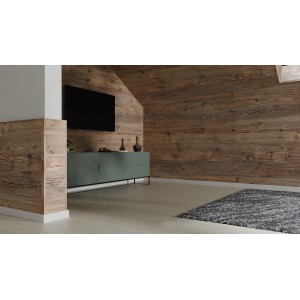 Wohnraum mit Egger Decowall Wandverkleidung AL001 Namur Fichte Natur und passender Abdeckleiste.