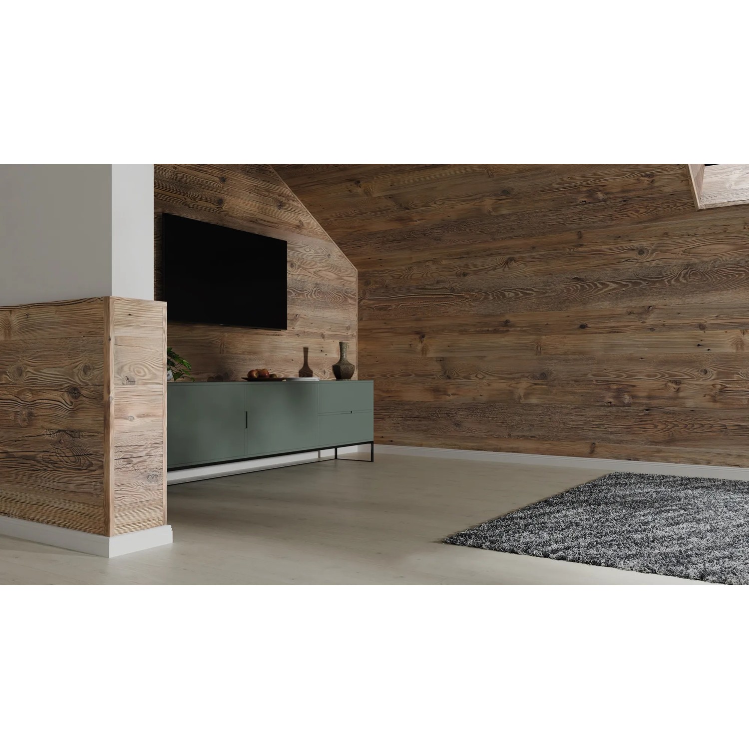 Wohnraum mit Egger Decowall Wandverkleidung AL001 Namur Fichte Natur und passender Abdeckleiste.