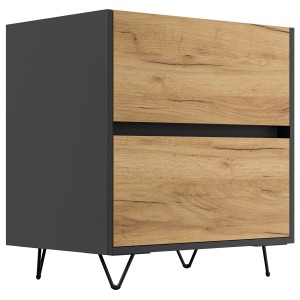 Posseik Nachttisch Industrial A, 60 cm, Grafit/Eiche, mit 2 Schubladen und Metallfüßen.