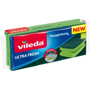 Vileda Ultra Fresh Scheuerschwamm 3er-Set, grün, antibakteriell für Küche & Bad.