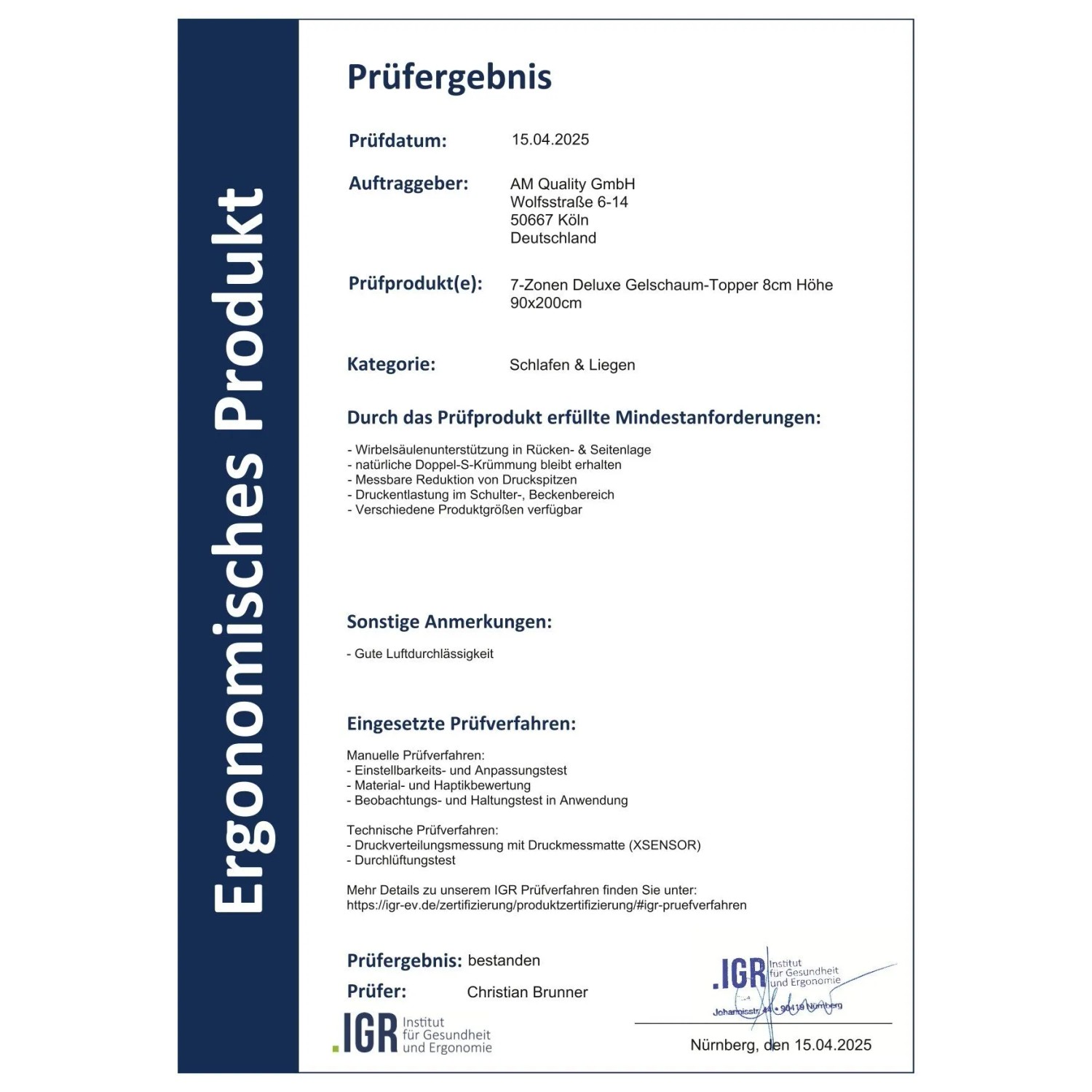 Zertifikat: AM Qualitätsmatratzen 7 Zonen Deluxe Gel Topper 200x220cm. Ergonomisches Produkt.