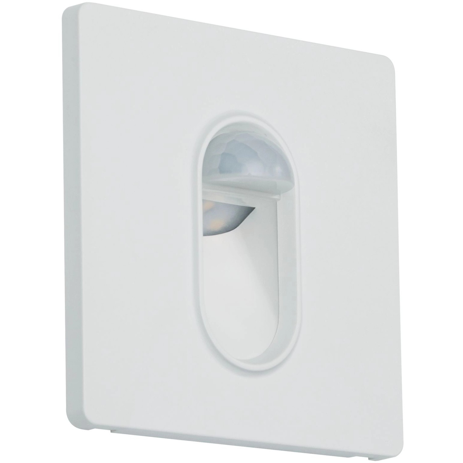 Weiße, eckige Paulmann Wandeinbauleuchte mit Bewegungssensor für den Innenbereich.