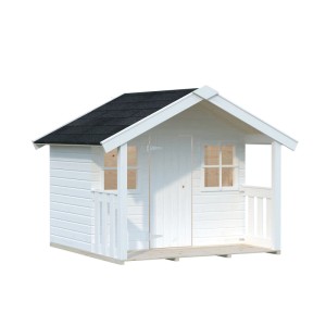 Palmako Spielhaus Felix, 1,9 m², weiß lackiert, mit Veranda und schwarzem Dach.