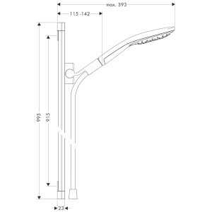 Technische Zeichnung Hansgrohe Raindance Select S 150 Brauseset mit Brausestange und Maßen.
