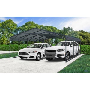 Grauer Westmann Carport Kopenhagen mit Satteldach, bietet Platz für zwei Autos auf einer Einfahrt. Robuste Stahlkonstruktion.