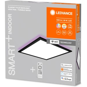 Verpackung der Ledvance LED-Deckenleuchte Planon Plus, 45x45 cm, mit Fernbedienung, smarte Lichtsteuerung.