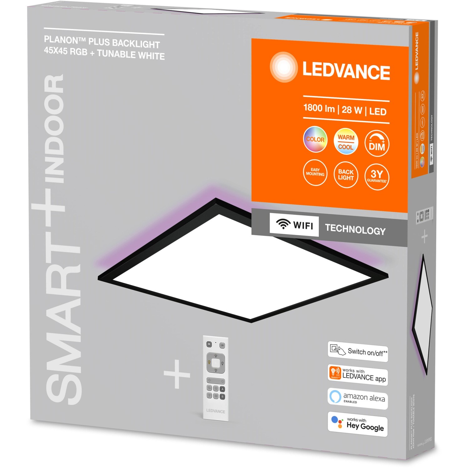 Verpackung der Ledvance LED-Deckenleuchte Planon Plus, 45x45 cm, mit Fernbedienung, smarte Lichtsteuerung.