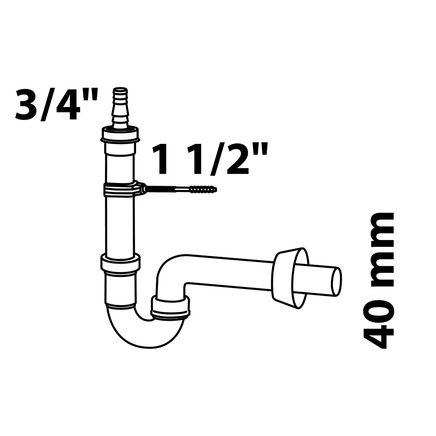 Weißer Kirchhoff Röhrensiphon für Waschgeräte, 47,8 mm (1 1/2) x 40 mm, mit 3/4 Anschluss.