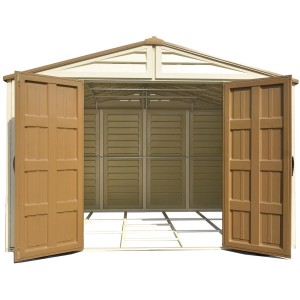 Offenes Duramax Kunststoff-Gartenhaus WoodBridge Plus 10 m² in Beige und Braun.