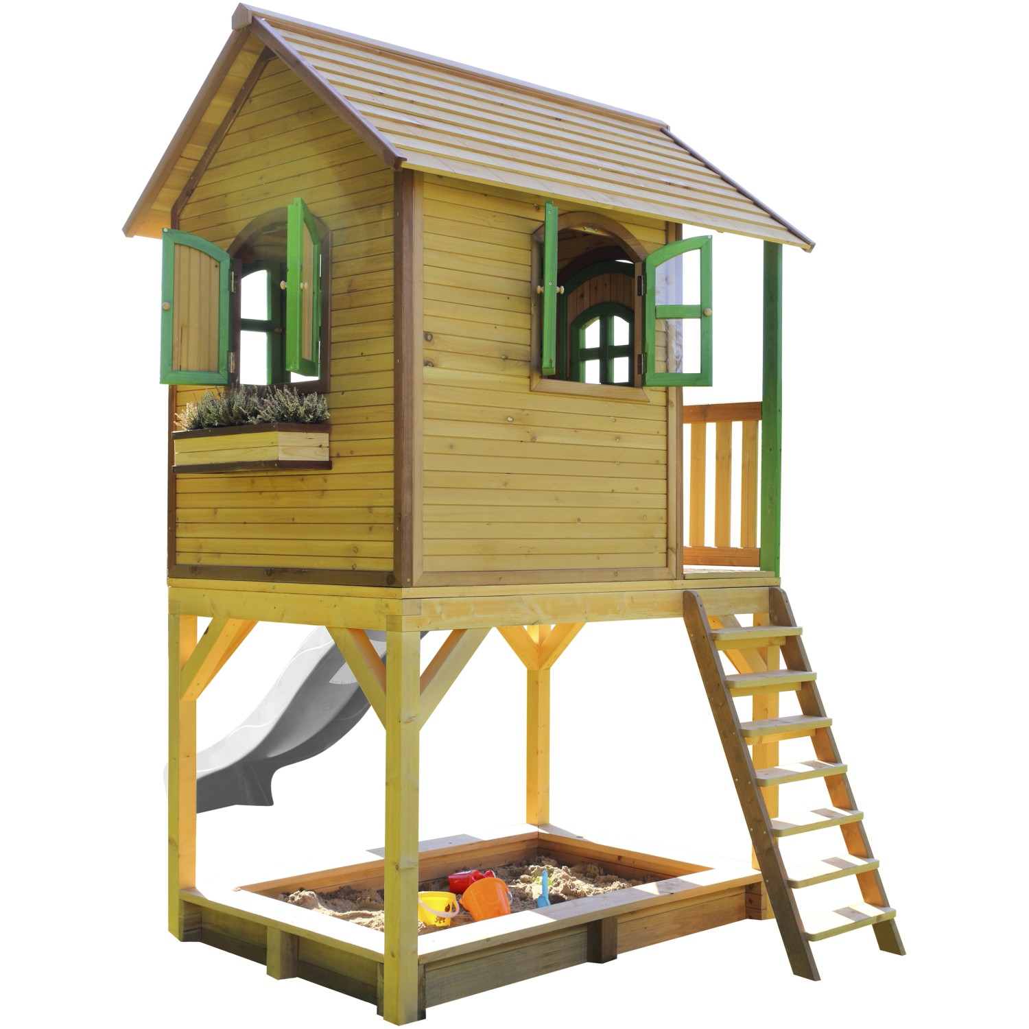 Axi Sarah Spielhaus aus Holz mit Rutsche, Leiter und Sandkasten in Braun, Grün und Weiß.