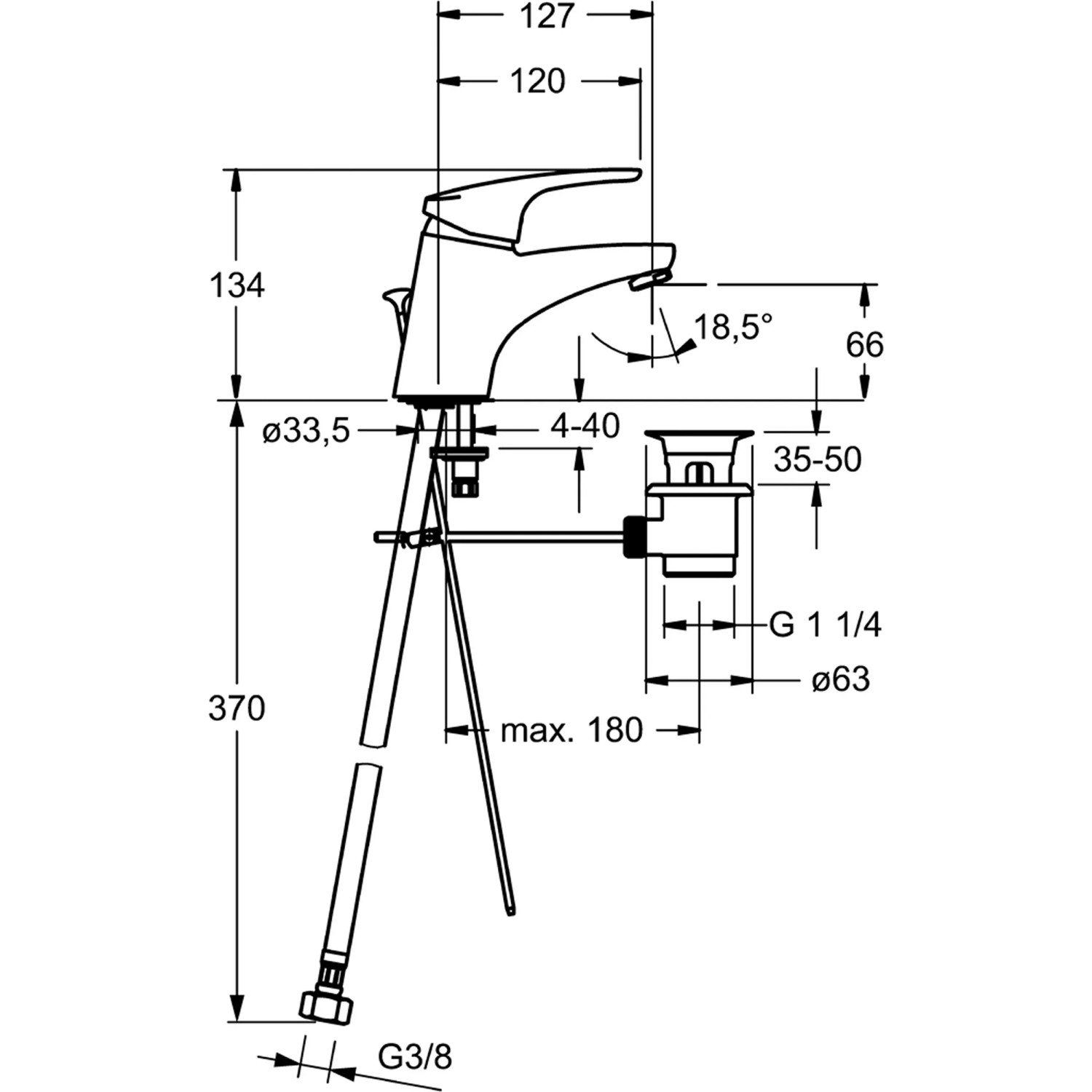 Technische Zeichnung: Hansa Waschtischbatterie Mix 0110, Chrom, mit Maßangaben.