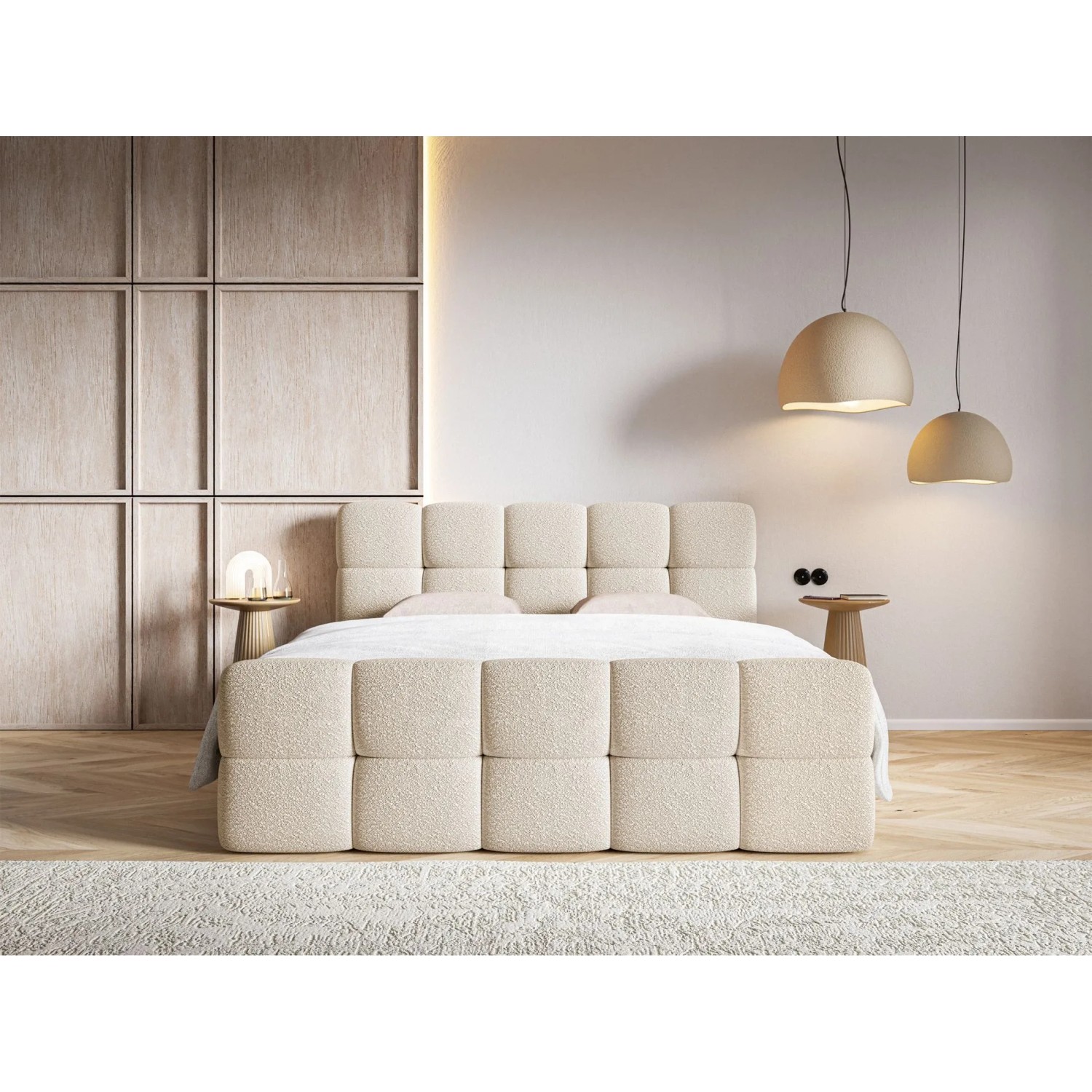 Selsey Boxspringbett Cloudy 160 cm in Hellbeige mit Boucle-Bezug, gepolstertem Kopfteil und modernem Design.