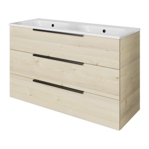 Pelipal Badmöbel-Set Quantum mit Doppelwaschtisch, Polar Pinie Dekor und drei Auszügen.