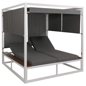 Weiße Aluminium Lounge-Gartenliege mit grauen Polstern und verstellbaren Seitenwänden.