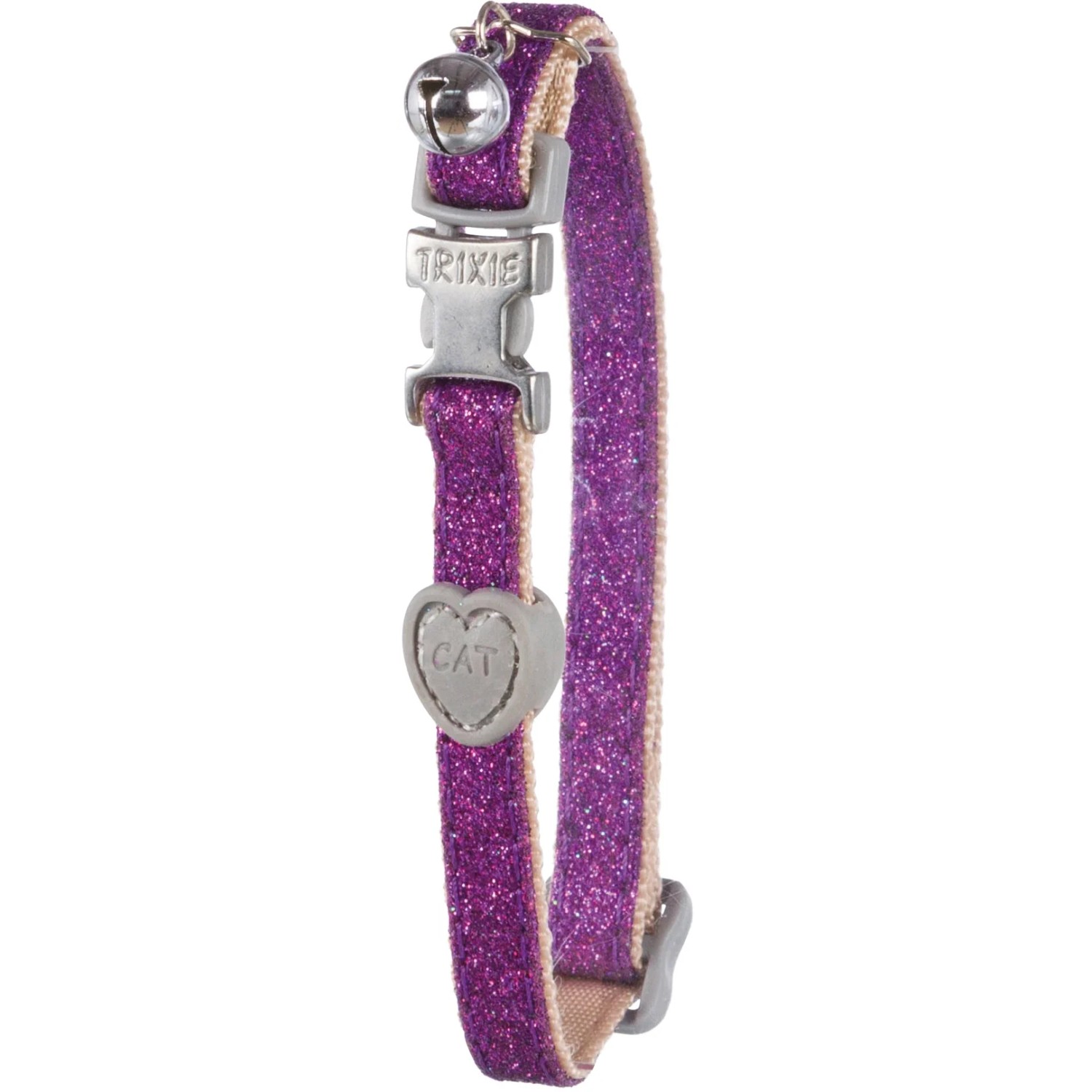 Lila Trixie Katzenhalsband aus Nylon mit Glitzer, Glöckchen und Herzanhänger.