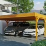 Skan Holz Carport Grunewald, Doppelcarport Eiche Hell mit EPDM-Dach, zwei parkende Autos.