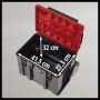 Offener Einhell E-Case L Werkzeugkoffer mit Rollen, schwarzes Gehäuse, roter Deckel und Maßangaben.