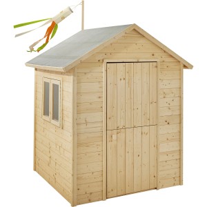Soulet Kinderspielhaus Garance aus unbehandeltem Holz mit Fenster, Tür und Windsack.