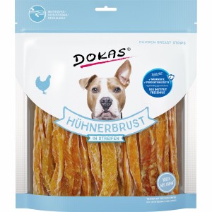 Dokas Hühnerbrust Streifen, 500g, luftgetrocknete Hunde-Kaustreifen im wiederverschließbaren Beutel.