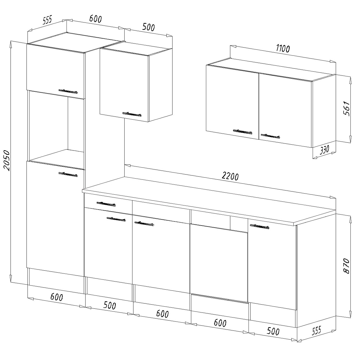 Skizze der Respekta Küchenzeile KB280EYW, 280 cm, weiß/Eiche York Nachbildung, mit Maßen.