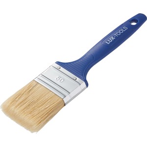 LUX Flachpinsel Lack, 50 mm breit, mit blauem Kunststoffgriff und Kunstborsten.