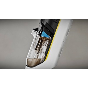 Detailaufnahme des Schmutzwassertanks des Kärcher Akku-Saugwischers FCV 3 mit Schmutzpartikeln.