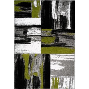 Moderner grüner Teppich Giga 310 (200x290 cm) mit abstraktem Brush-Style Muster in Schwarz, Grau und Weiß.