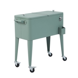 Grüne Kühlbox auf Rädern mit Flaschenöffner. Robustes Metallgehäuse, ideal für Garten- und Strandpartys.
