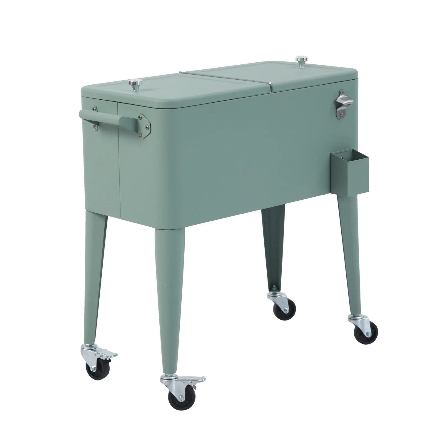 Grüne Kühlbox auf Rädern mit Flaschenöffner. Robustes Metallgehäuse, ideal für Garten- und Strandpartys.