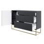 Modernes Selsey Sideboard Veldio, schwarz, mit 3 geriffelten Schubladen und offener Tür, goldene Beine. 140 cm.
