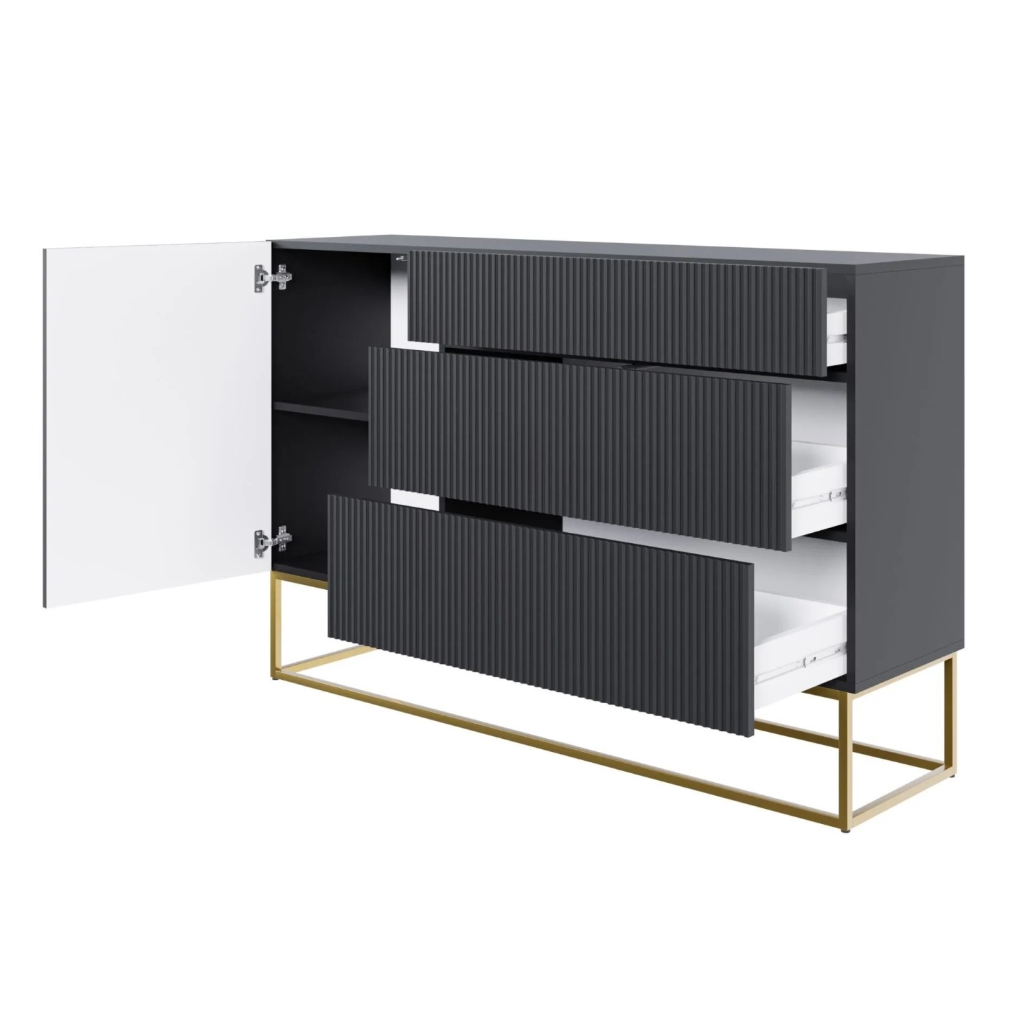 Modernes Selsey Sideboard Veldio, schwarz, mit 3 geriffelten Schubladen und offener Tür, goldene Beine. 140 cm.
