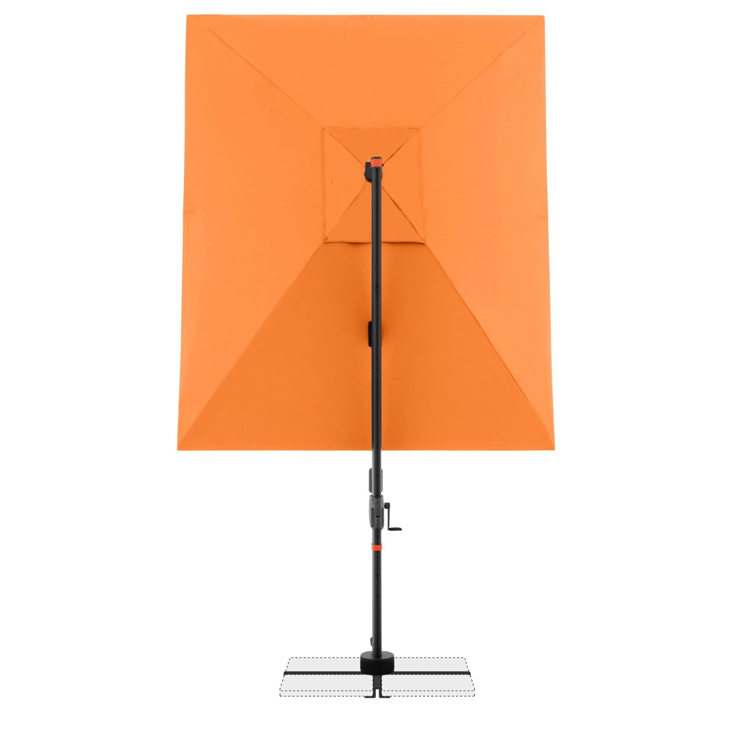 Orangefarbener rechteckiger Ampelschirm mit Kurbelmechanik. Ideal für Garten, Terrasse und Balkon.