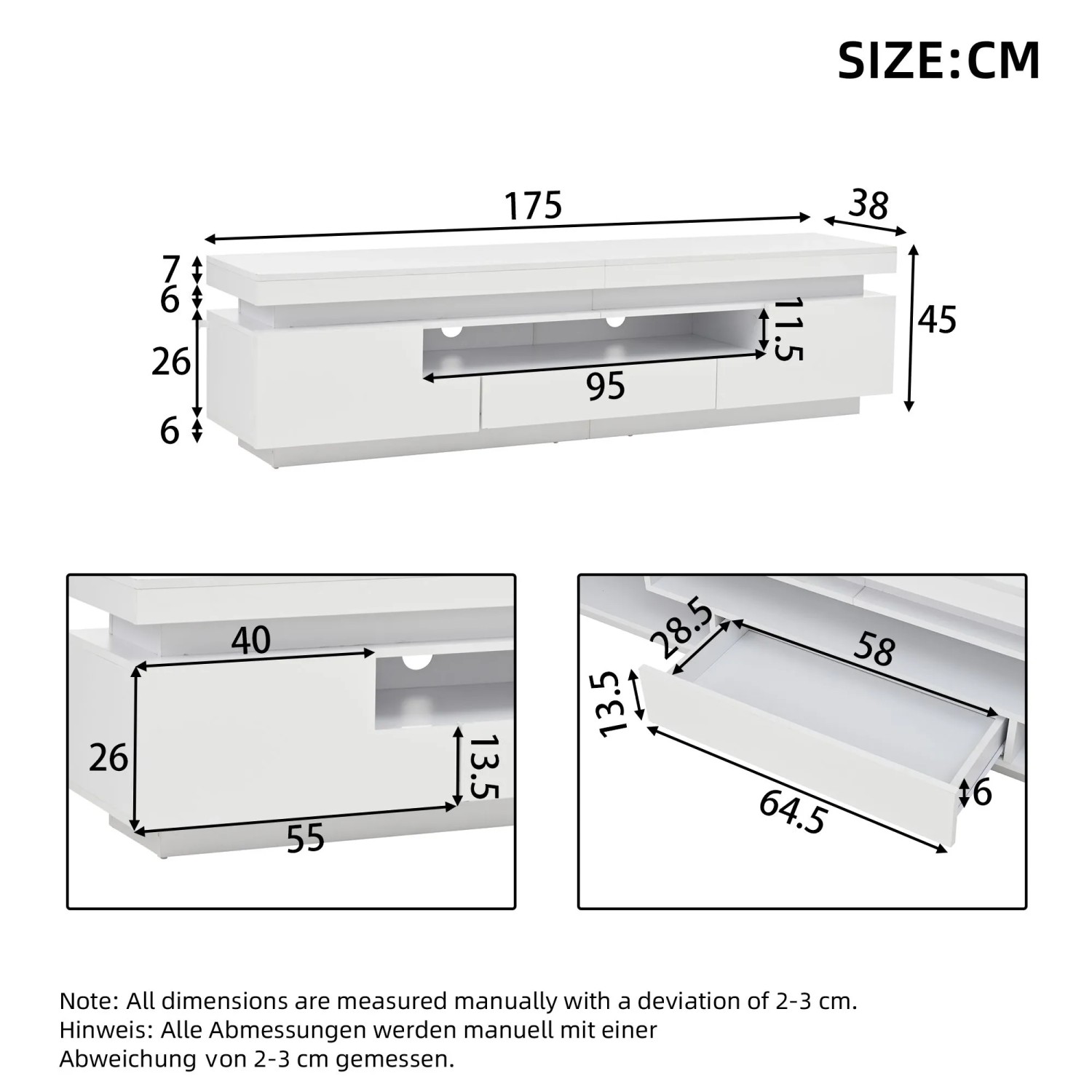 okwish TV Schrank mit LED Hochglanz Schublade Lowboard Wohnzimmer 75 Zoll 175x38x45cm Weiß_5