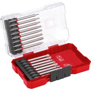 Einhell Bit-Set M-Case, 16-teilig, 90 mm, Schraubendreher-Bits in roter Box mit transparentem Deckel.
