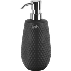 Schwarzer baliv Seifenspender aus Keramik mit Prägung und Chrom-Pumpe.
