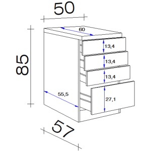 Skizze des Flex-Well Classic Schubkastenschranks Florida, 50 cm, in Weiß und Sonoma Eiche mit Maßangaben.