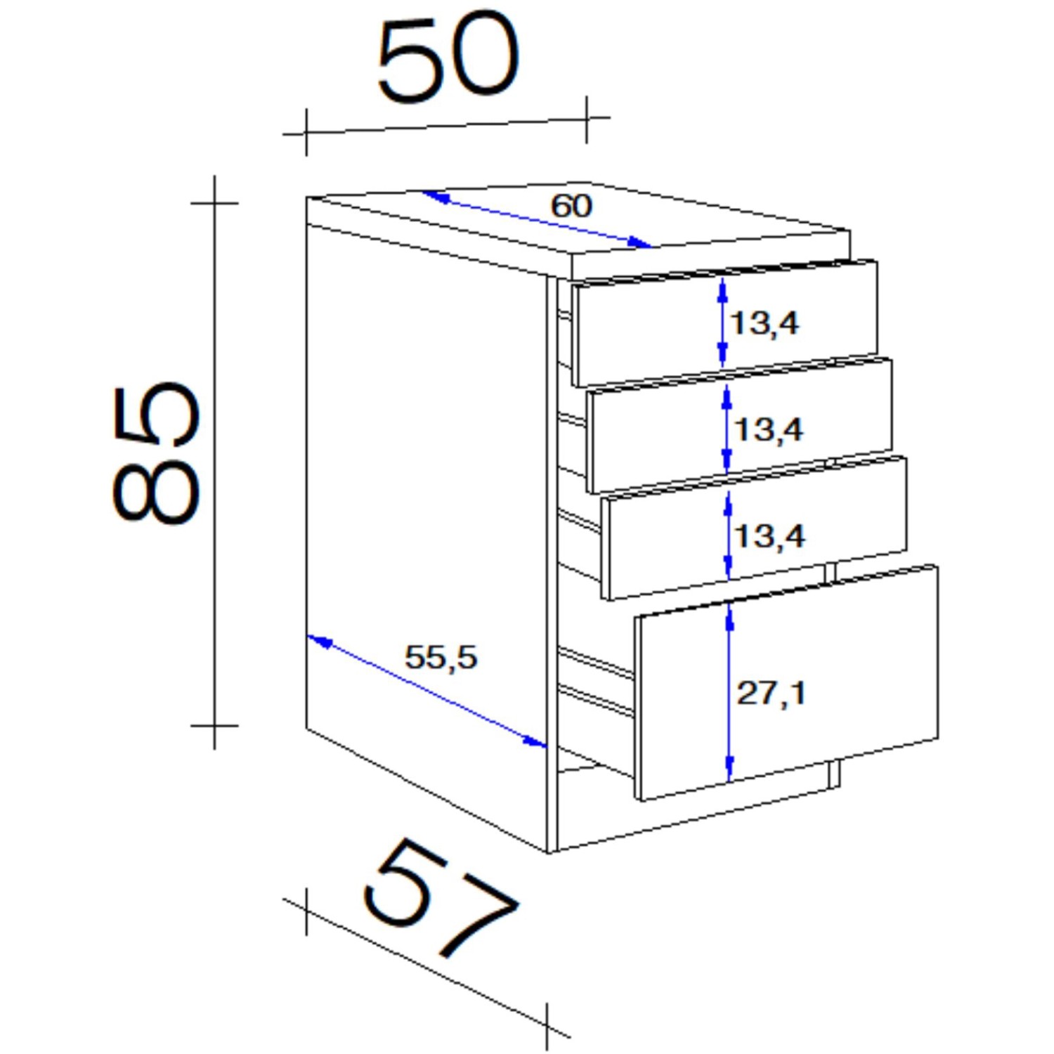 Skizze des Flex-Well Classic Schubkastenschranks Florida, 50 cm, in Weiß und Sonoma Eiche mit Maßangaben.