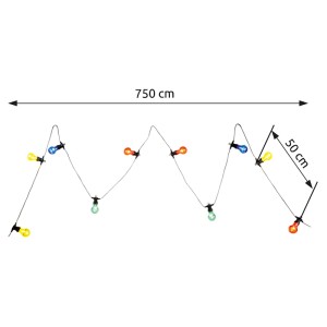 Globo Solar-LED-Lichterkette mit bunten Glaslampen auf schwarzem Kabel, 750 cm lang.