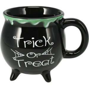 Schwarze Halloween Tasse aus Dolomit mit "Trick or Treat" Schriftzug und grünem Rand.