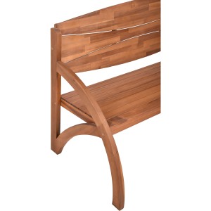 Detailansicht der Hadia 3-Sitzer Gartenbank aus Akazienholz mit geschwungenen Armlehnen.