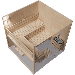 Eilo Sauna EL-BE 40-2121G mit Liegen, Ofen und Glasfront. Elementsauna aus Holz.