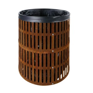 Zylindrisches bellissa Wasserfass aus Corten-Stahl mit Edelrost-Optik, 420l Fassungsvermögen und schwarzem Einsatz.