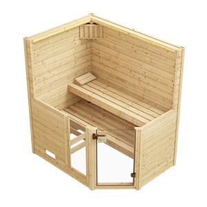 Weka Massivholzsauna Valida Eck mit Glastür und Fenster, 4,5 kW Ofen, Innenansicht.